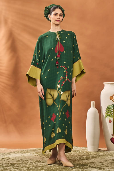 Green leaf and spade printed kaftan