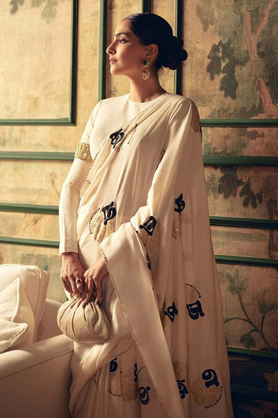 Ivory foil printed and embroidered sari set
