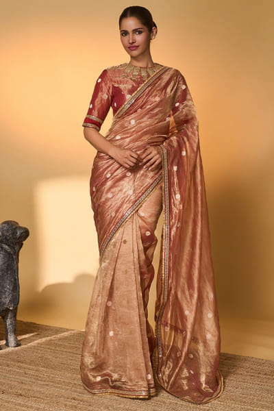 Red polka tissue embroidered sari set