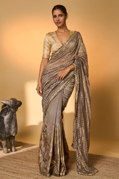 Grey zari stripe sari set