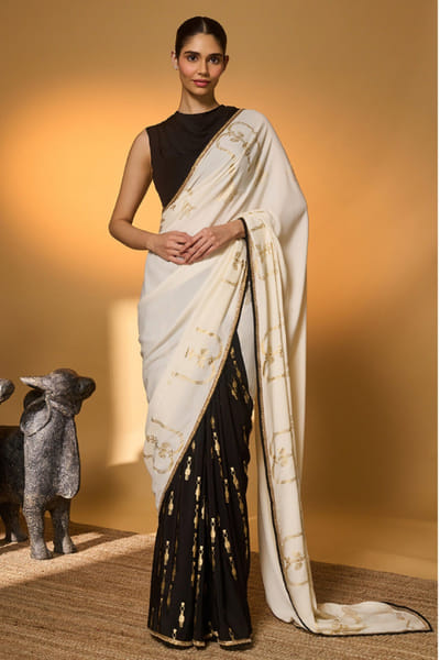 Black and white foil printed sari set