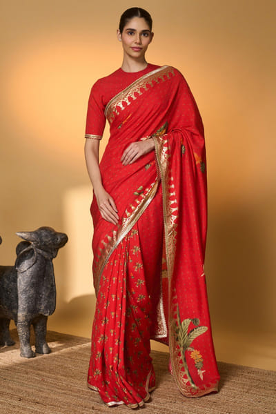 Red tropical foil raw silk sari