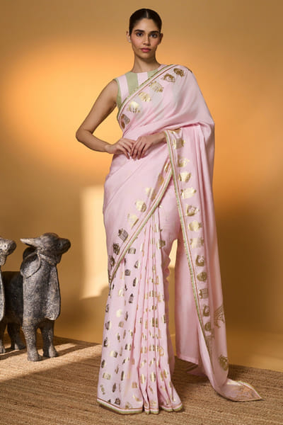 Pink foil printed raw silk saree
