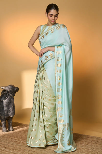 Mint blue foil raw silk saree