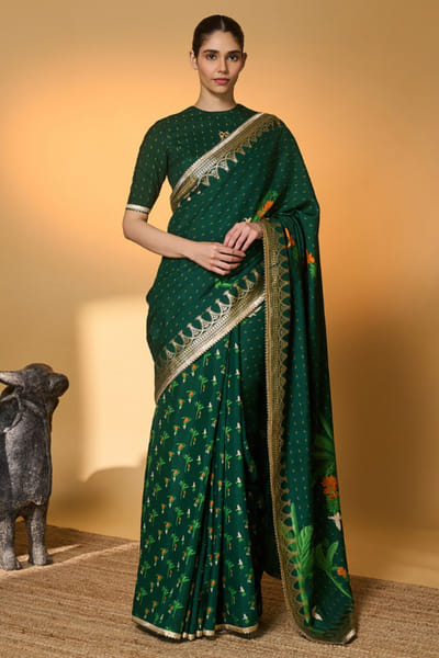 Green tropical foil printed raw silk saree