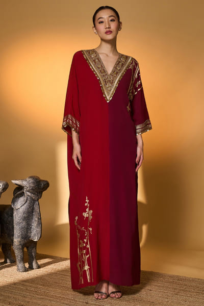 Red embroidered crepe silk kaftan