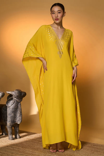 Yellow printed crepe silk kaftan