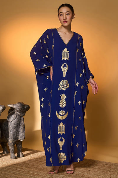 Electric blue embellished crepe silk kaftan