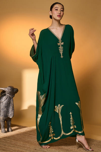 Green printed crepe silk kaftan
