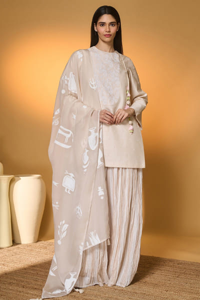 Ivory embroidered raw silk sharara set