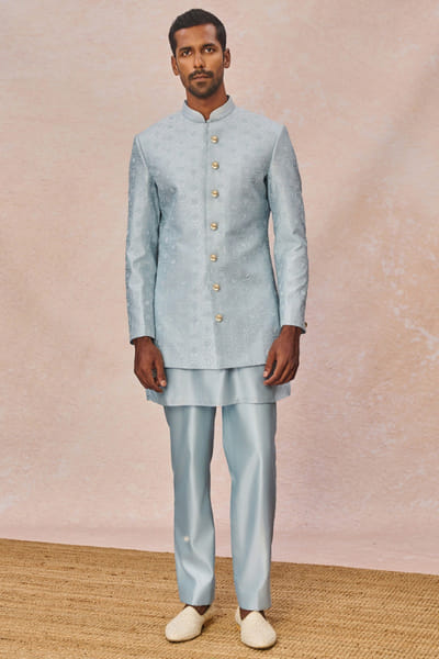 Blue sequin-dabka embroidered bandhgala set