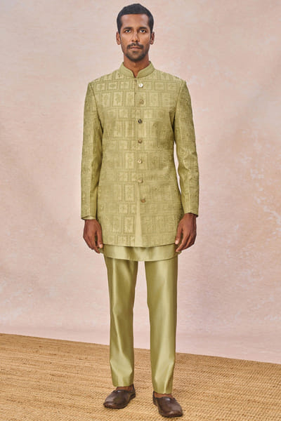 Mint sequin-dabka embroidered bandhgala set