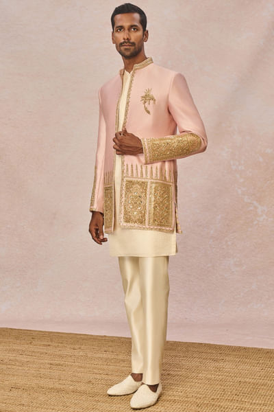Pink and gold embroidered jacket set