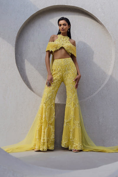 Yellow pearl embroidered sharara set