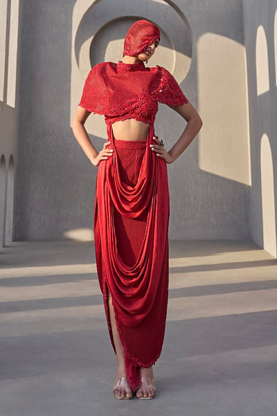 Red draped cowl skirt set