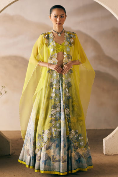 Blue grey floral printed lehenga set