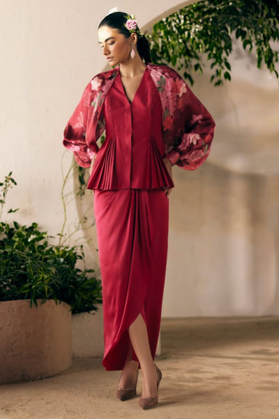 Ruby red floral printed jacket set