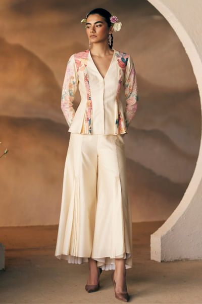 Beige floral printed jacket set