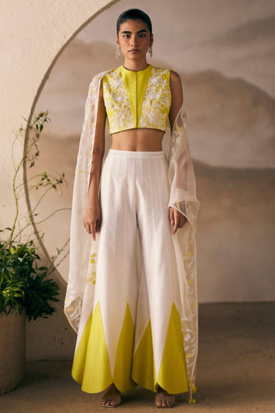 Yellow thread embroidered top and sharara