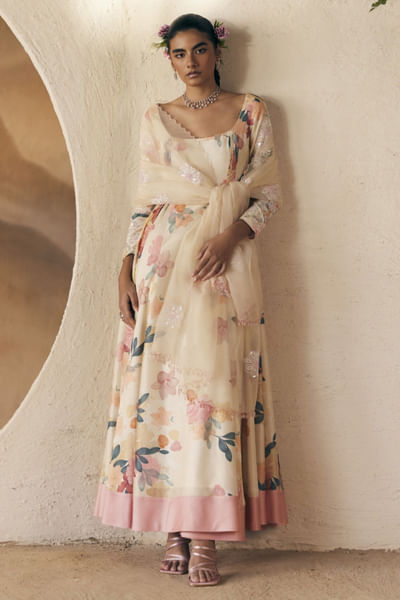 Beige floral printed anarkali set
