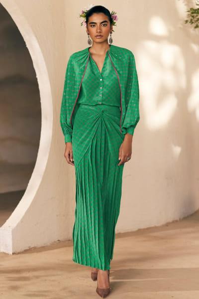 Green polki printed skirt set