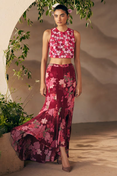 Wine floral printed jacket set