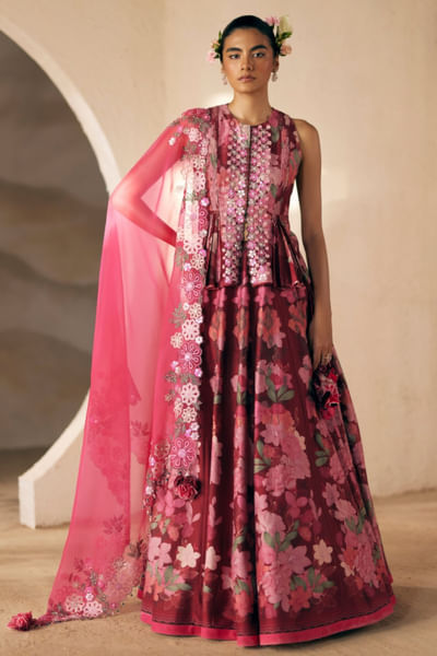 Wine floral printed lehenga set