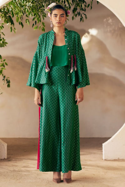 Green printed jacket set