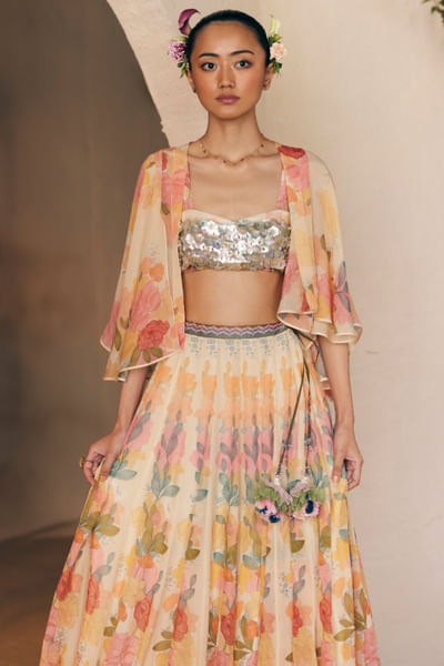 Beige floral printed skirt set