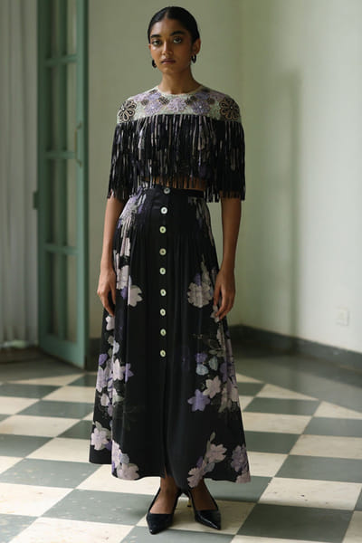 Black floral printed skirt set