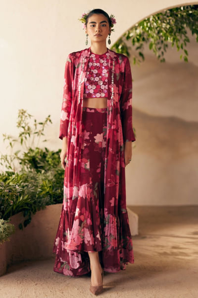 Wine floral printed jacket