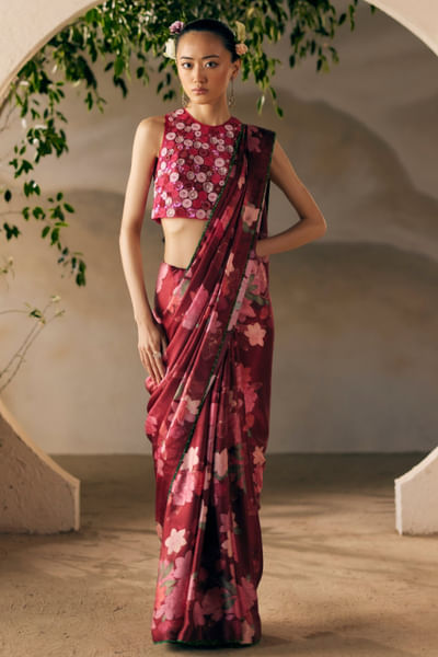 Wine floral printed sari set