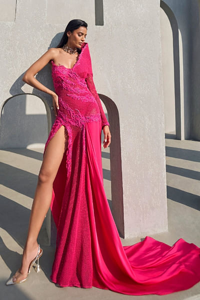 Hot pink assymetrical slit gown