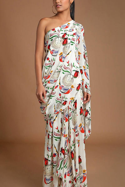 Ivory printed draped top and skirt