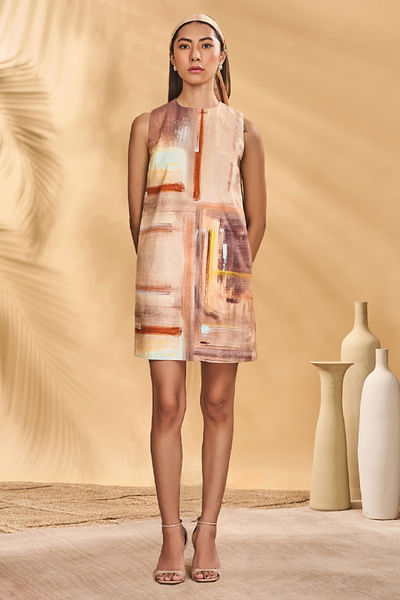 Rust and beige stroke printed mini dress