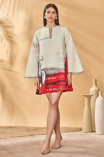 Ivory and red dancing shadow printed dress