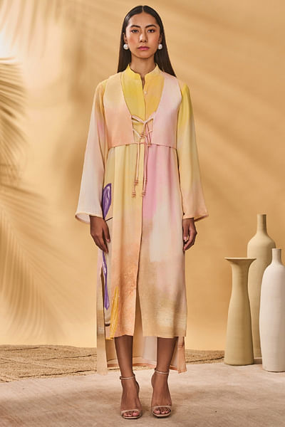 Ochre yellow print shirt dress and waist coat