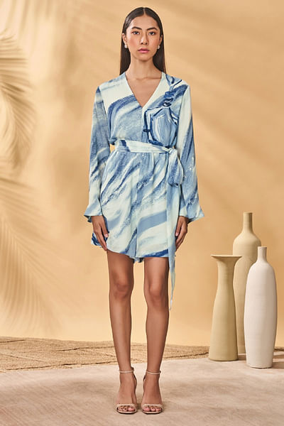 Blue rhythmic curve printed playsuit