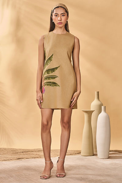 Beige trellis palm printed shift dress