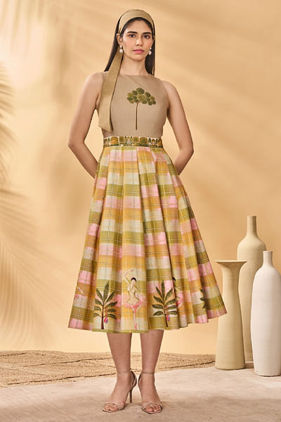 Multicolour checkered printed midi dress