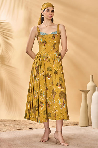 Mustard pirouette picnic printed corset dress