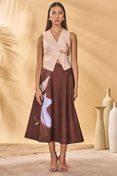 Apricot and walnut brown printed skirt set