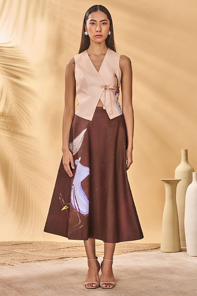 Walnut brown hidden within printed skirt