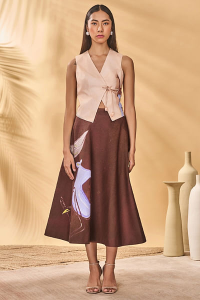 Apricot printed tie-up waist coat