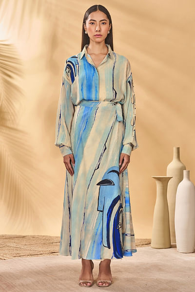 Beige and blue face printed shirt