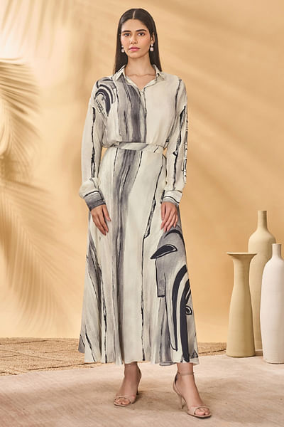 Ivory and black face printed tie-up skirt set