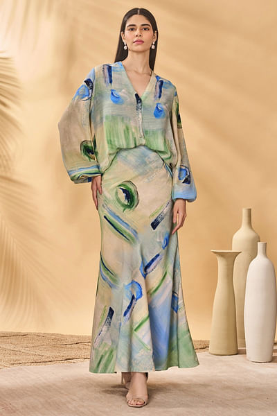 Blue and green whirlwind printed skirt
