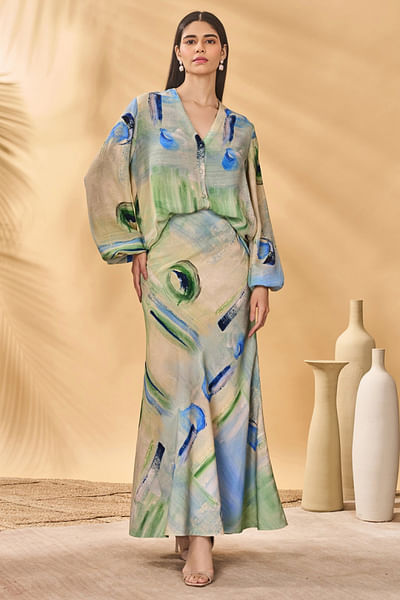 Blue and green whirlwind printed top