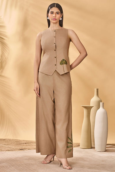 Beige trellis palm patchwork trousers