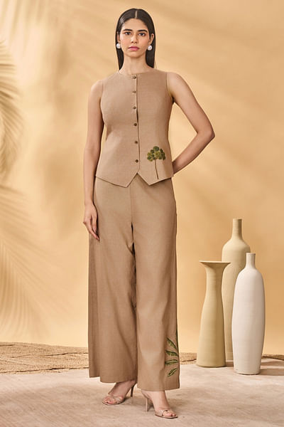 Beige tree embroidered waistcoat